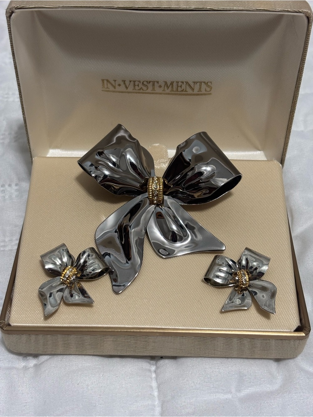 Silver & Gold Tone Bow Earrings & Brooch Pin Set By Investments